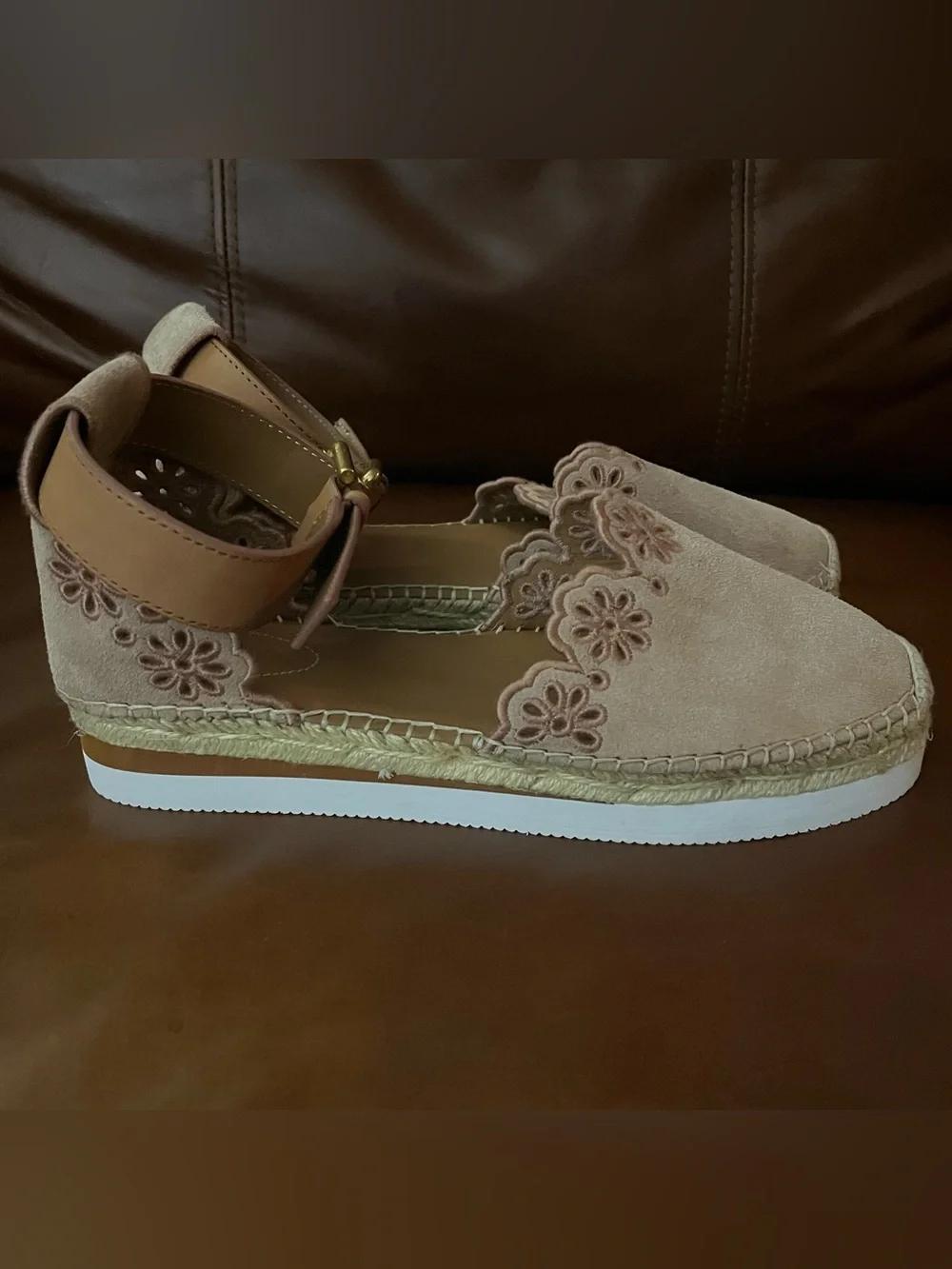 See by Chloé Glyn Suede Floral Espadrille Platform Shoes Pink EU 39 Excellent!